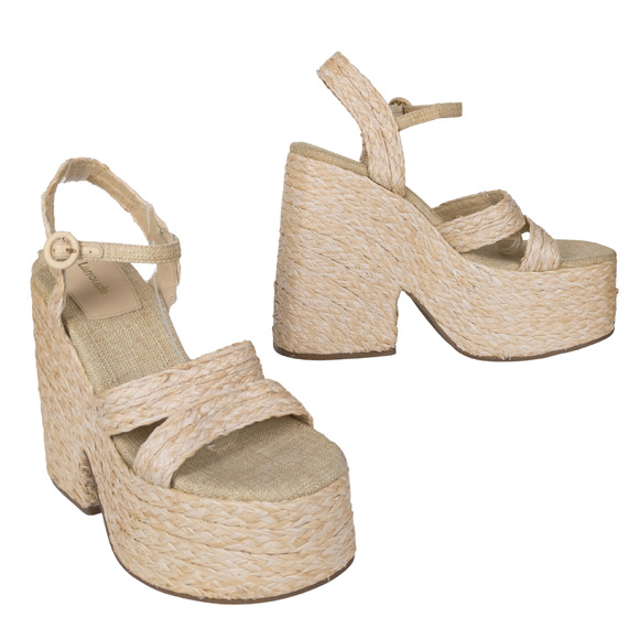 LARROUDE Carmen Raffia Platform Heeled Sandal Beige Open Toe Women's 10 - Picture 1 of 9